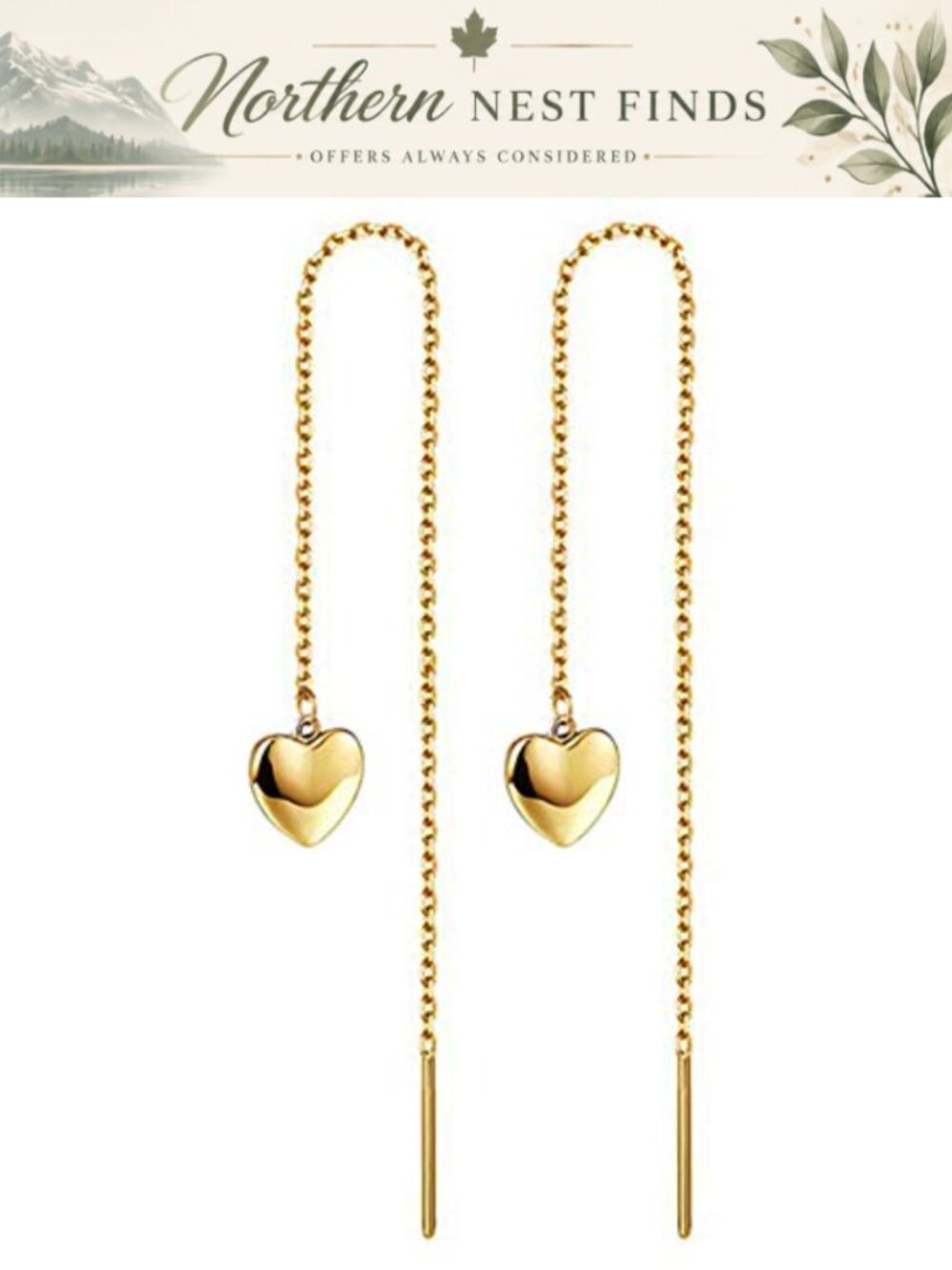 Stainless Steel Puffy Heart Threader Earrings 8cm Dangle Drop